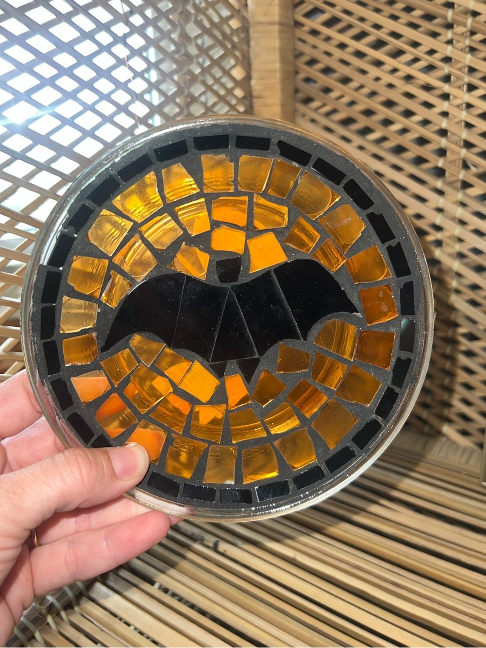 Handmade Orange and Black Mosaic Bat Accent Plate - Unbranded